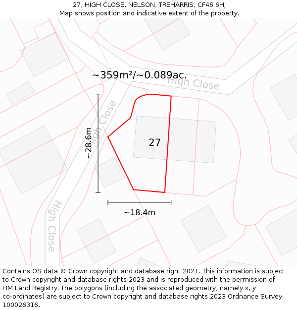 27, HIGH CLOSE, NELSON, TREHARRIS, CF46 6HJ: Plot and title map