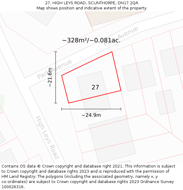 27, HIGH LEYS ROAD, SCUNTHORPE, DN17 2QA: Plot and title map