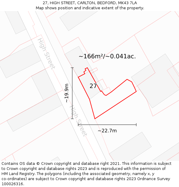 27, HIGH STREET, CARLTON, BEDFORD, MK43 7LA: Plot and title map