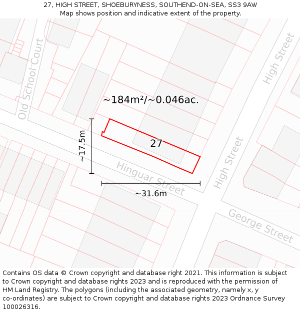 27, HIGH STREET, SHOEBURYNESS, SOUTHEND-ON-SEA, SS3 9AW: Plot and title map