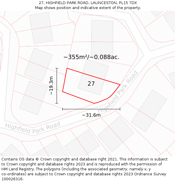 27, HIGHFIELD PARK ROAD, LAUNCESTON, PL15 7DX: Plot and title map