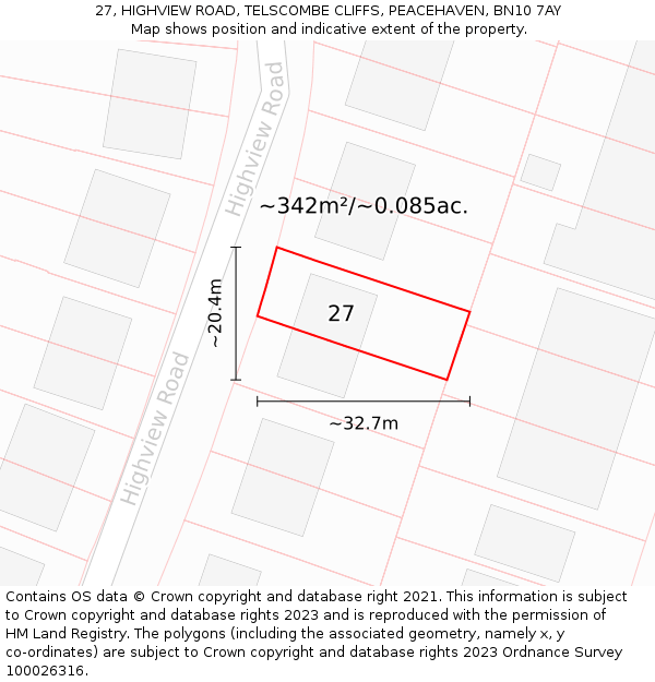 27, HIGHVIEW ROAD, TELSCOMBE CLIFFS, PEACEHAVEN, BN10 7AY: Plot and title map