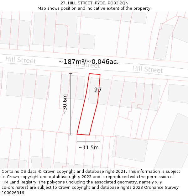 27, HILL STREET, RYDE, PO33 2QN: Plot and title map