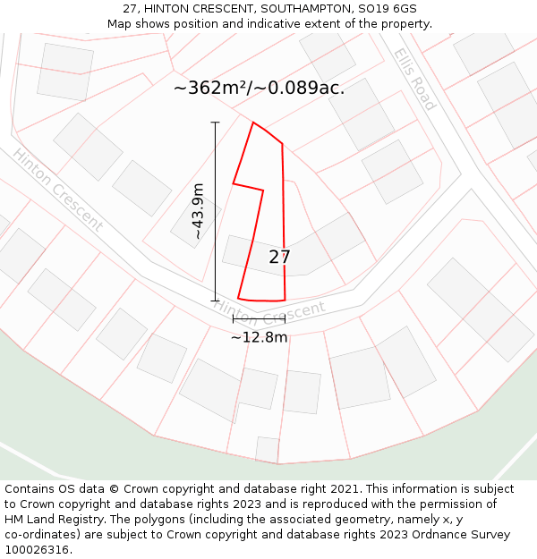 27, HINTON CRESCENT, SOUTHAMPTON, SO19 6GS: Plot and title map