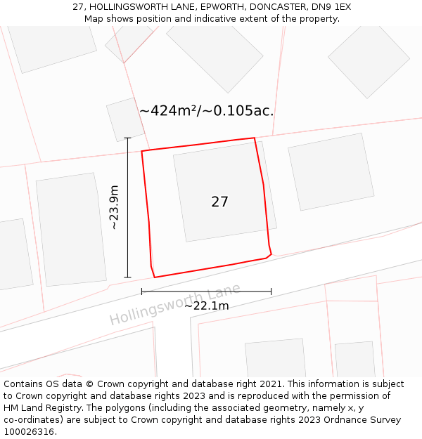 27, HOLLINGSWORTH LANE, EPWORTH, DONCASTER, DN9 1EX: Plot and title map