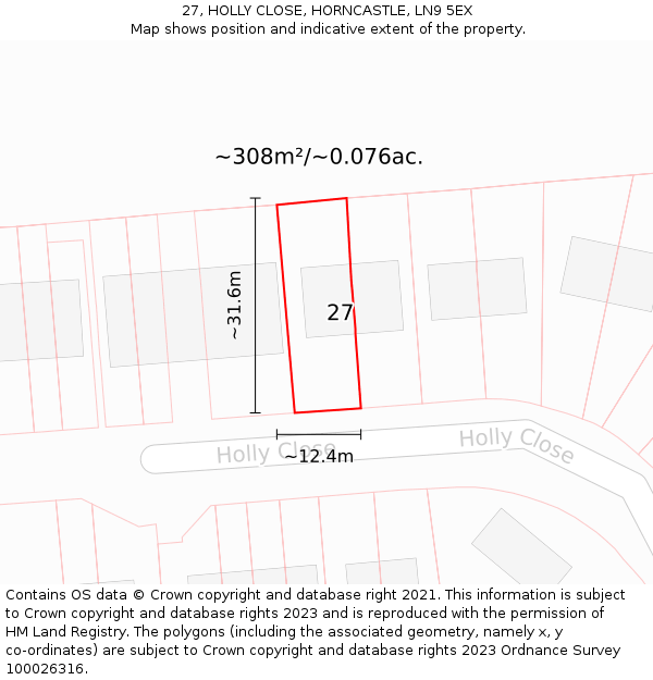 27, HOLLY CLOSE, HORNCASTLE, LN9 5EX: Plot and title map