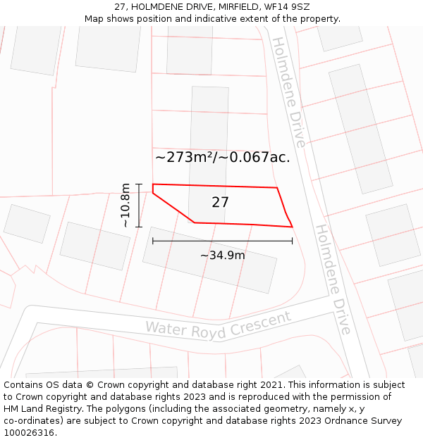 27, HOLMDENE DRIVE, MIRFIELD, WF14 9SZ: Plot and title map