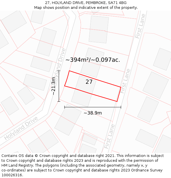 27, HOLYLAND DRIVE, PEMBROKE, SA71 4BG: Plot and title map