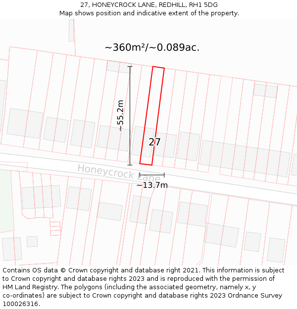 27, HONEYCROCK LANE, REDHILL, RH1 5DG: Plot and title map