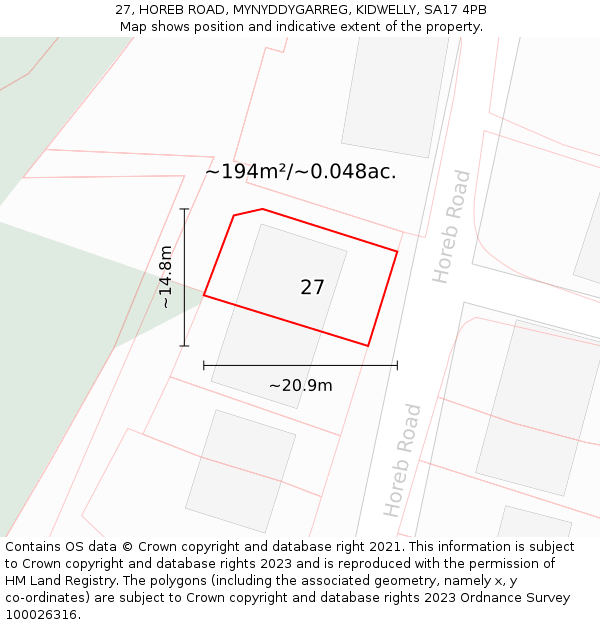 27, HOREB ROAD, MYNYDDYGARREG, KIDWELLY, SA17 4PB: Plot and title map