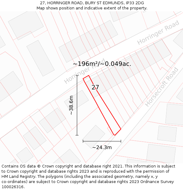 27, HORRINGER ROAD, BURY ST EDMUNDS, IP33 2DG: Plot and title map