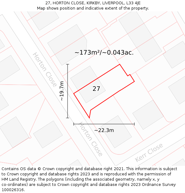 27, HORTON CLOSE, KIRKBY, LIVERPOOL, L33 4JE: Plot and title map