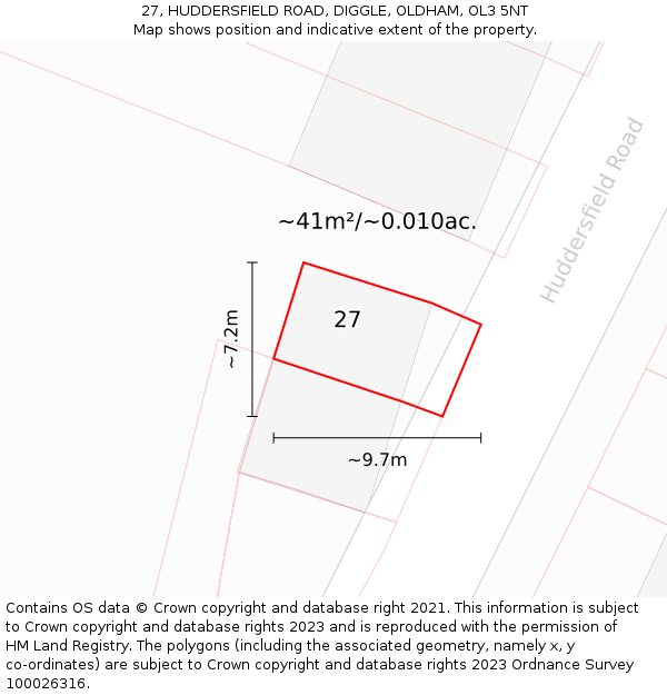 27, HUDDERSFIELD ROAD, DIGGLE, OLDHAM, OL3 5NT: Plot and title map