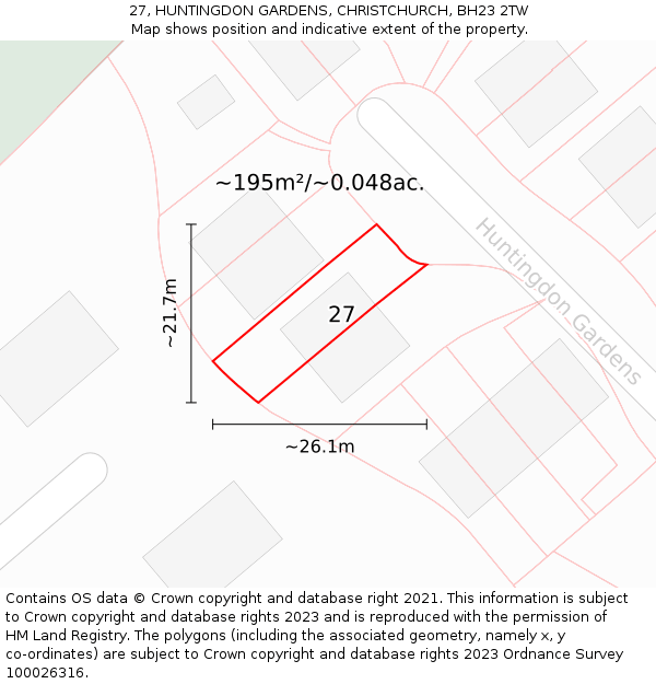 27, HUNTINGDON GARDENS, CHRISTCHURCH, BH23 2TW: Plot and title map