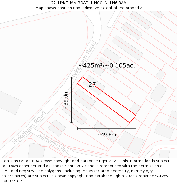 27, HYKEHAM ROAD, LINCOLN, LN6 8AA: Plot and title map