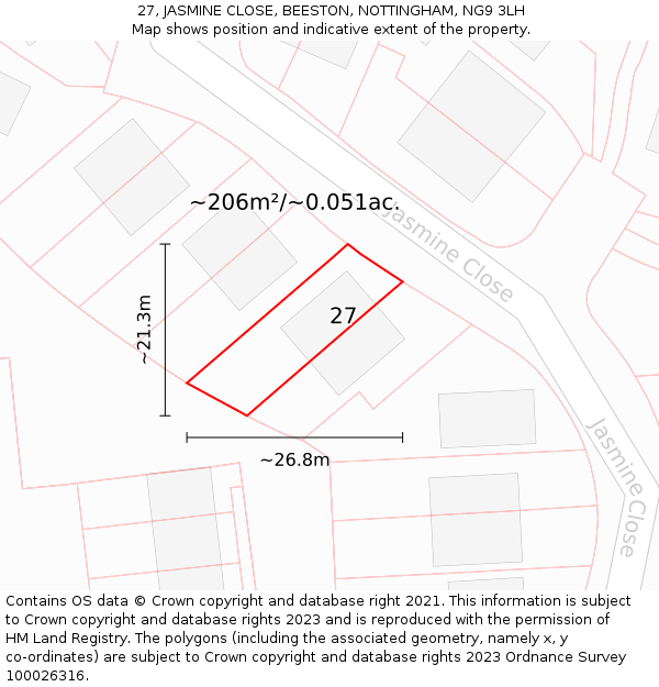 27, JASMINE CLOSE, BEESTON, NOTTINGHAM, NG9 3LH: Plot and title map