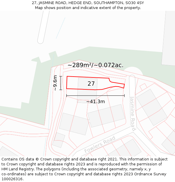 27, JASMINE ROAD, HEDGE END, SOUTHAMPTON, SO30 4SY: Plot and title map