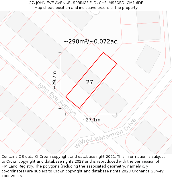 27, JOHN EVE AVENUE, SPRINGFIELD, CHELMSFORD, CM1 6DE: Plot and title map