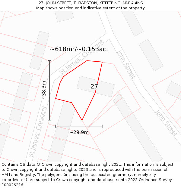 27, JOHN STREET, THRAPSTON, KETTERING, NN14 4NS: Plot and title map