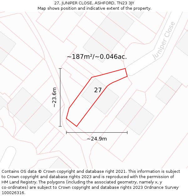 27, JUNIPER CLOSE, ASHFORD, TN23 3JY: Plot and title map