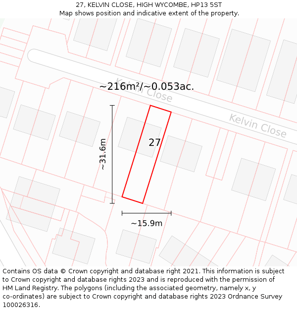 27, KELVIN CLOSE, HIGH WYCOMBE, HP13 5ST: Plot and title map