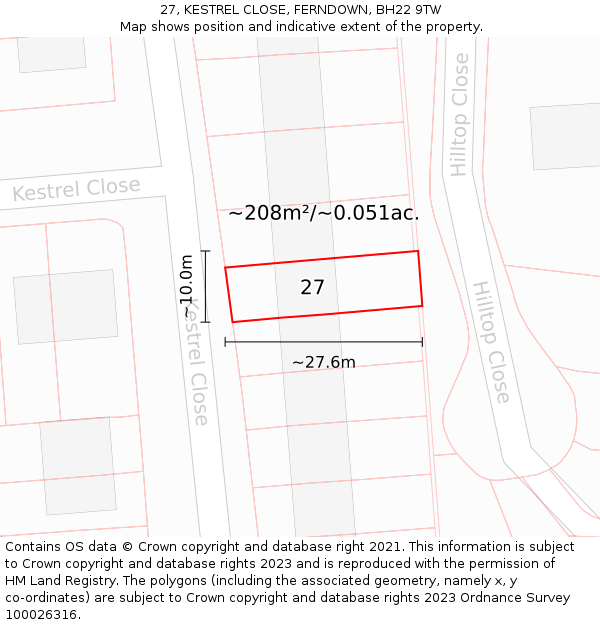 27, KESTREL CLOSE, FERNDOWN, BH22 9TW: Plot and title map