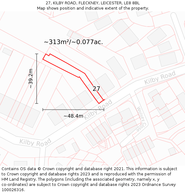 27, KILBY ROAD, FLECKNEY, LEICESTER, LE8 8BL: Plot and title map