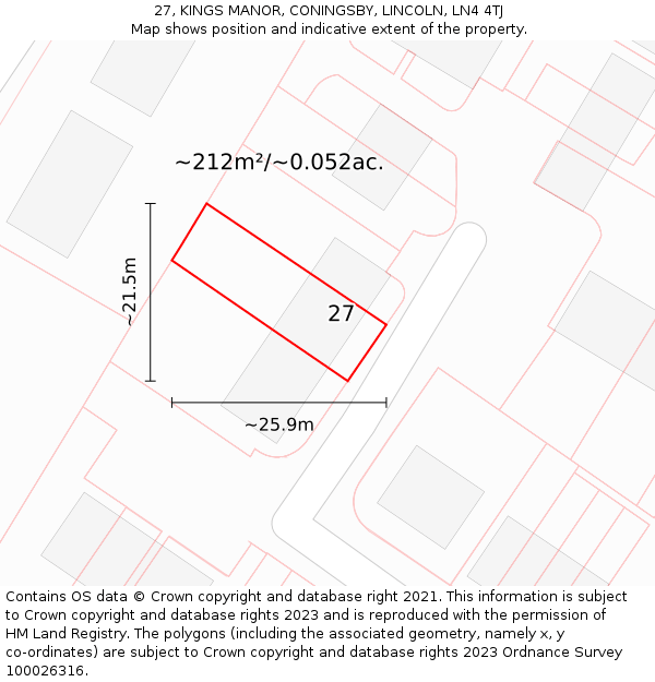 27, KINGS MANOR, CONINGSBY, LINCOLN, LN4 4TJ: Plot and title map