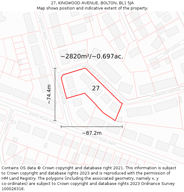 27, KINGWOOD AVENUE, BOLTON, BL1 5JA: Plot and title map