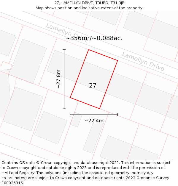 27, LAMELLYN DRIVE, TRURO, TR1 3JR: Plot and title map