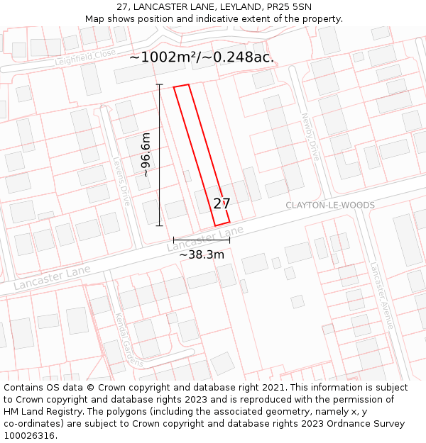 27, LANCASTER LANE, LEYLAND, PR25 5SN: Plot and title map