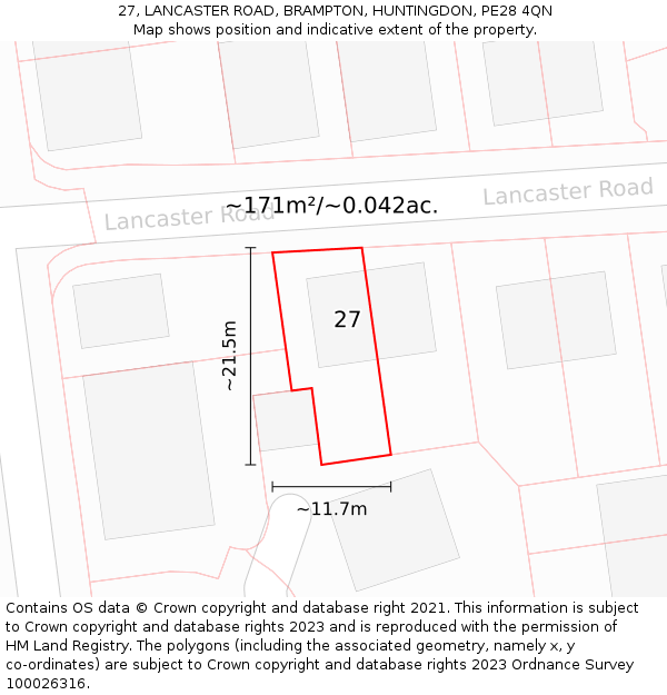 27, LANCASTER ROAD, BRAMPTON, HUNTINGDON, PE28 4QN: Plot and title map