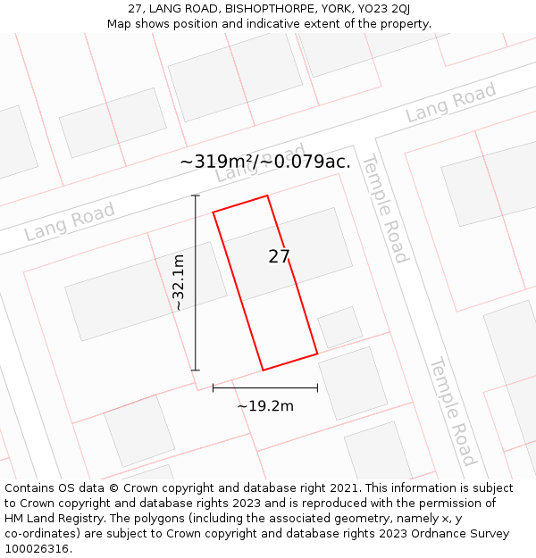 27, LANG ROAD, BISHOPTHORPE, YORK, YO23 2QJ: Plot and title map