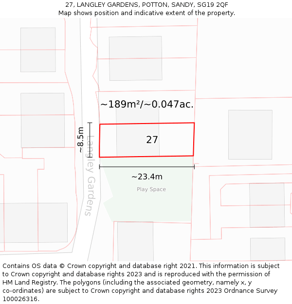 27, LANGLEY GARDENS, POTTON, SANDY, SG19 2QF: Plot and title map