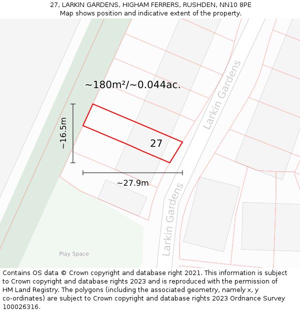 27, LARKIN GARDENS, HIGHAM FERRERS, RUSHDEN, NN10 8PE: Plot and title map