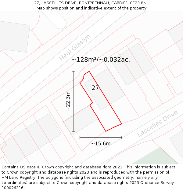 27, LASCELLES DRIVE, PONTPRENNAU, CARDIFF, CF23 8NU: Plot and title map