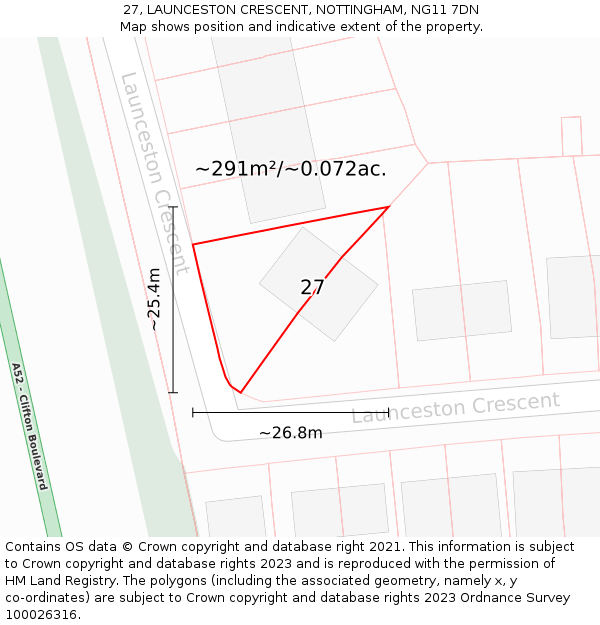 27, LAUNCESTON CRESCENT, NOTTINGHAM, NG11 7DN: Plot and title map