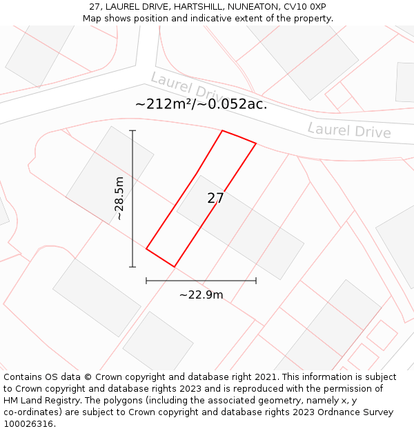 27, LAUREL DRIVE, HARTSHILL, NUNEATON, CV10 0XP: Plot and title map