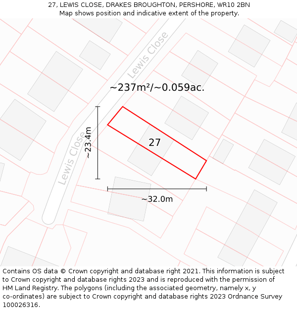 27, LEWIS CLOSE, DRAKES BROUGHTON, PERSHORE, WR10 2BN: Plot and title map