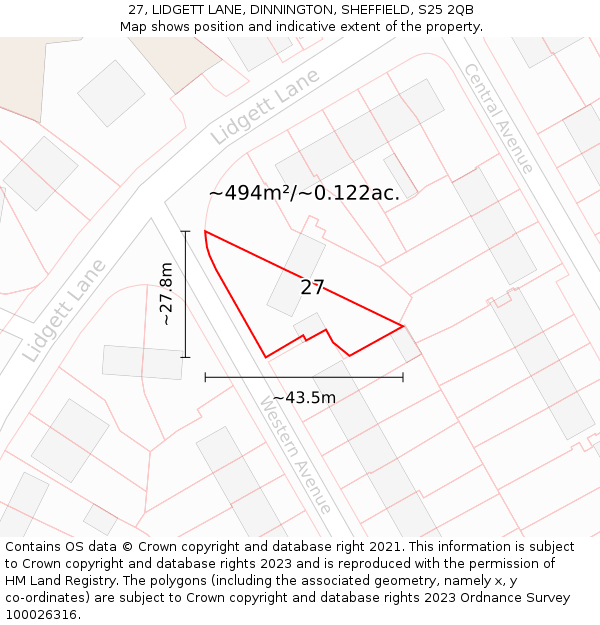 27, LIDGETT LANE, DINNINGTON, SHEFFIELD, S25 2QB: Plot and title map