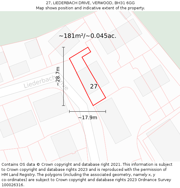 27, LIEDERBACH DRIVE, VERWOOD, BH31 6GG: Plot and title map