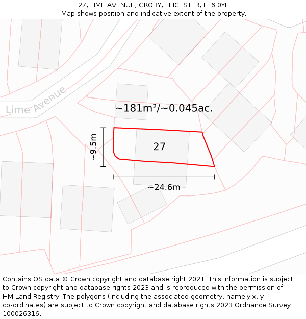 27, LIME AVENUE, GROBY, LEICESTER, LE6 0YE: Plot and title map