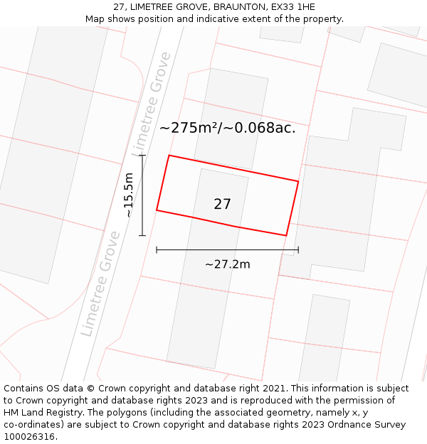 27, LIMETREE GROVE, BRAUNTON, EX33 1HE: Plot and title map