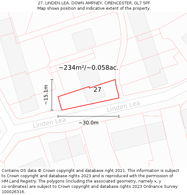 27, LINDEN LEA, DOWN AMPNEY, CIRENCESTER, GL7 5PF: Plot and title map