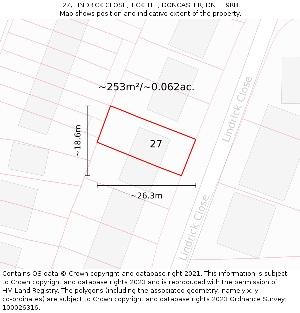 27, LINDRICK CLOSE, TICKHILL, DONCASTER, DN11 9RB: Plot and title map