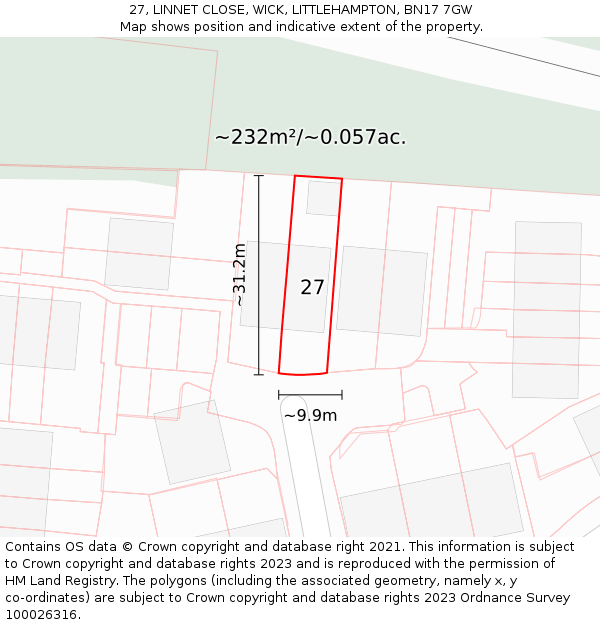 27, LINNET CLOSE, WICK, LITTLEHAMPTON, BN17 7GW: Plot and title map