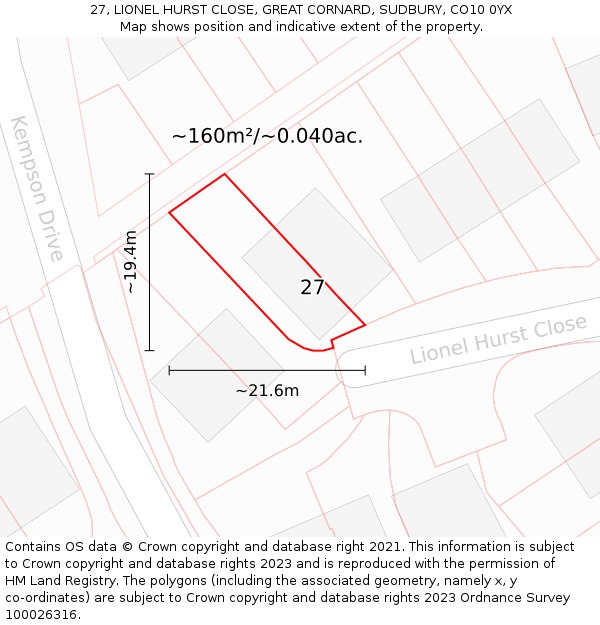 27, LIONEL HURST CLOSE, GREAT CORNARD, SUDBURY, CO10 0YX: Plot and title map