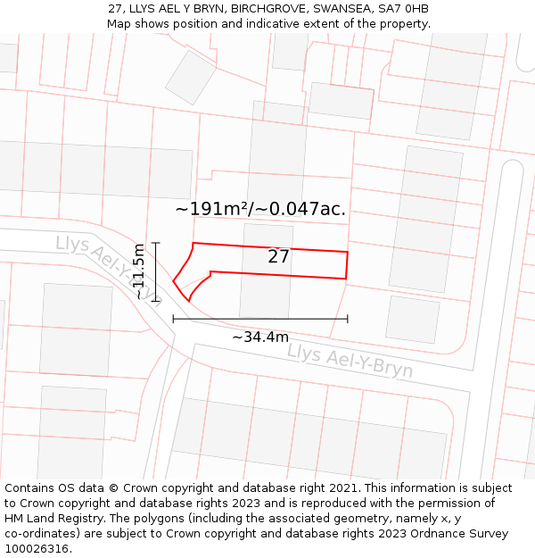 27, LLYS AEL Y BRYN, BIRCHGROVE, SWANSEA, SA7 0HB: Plot and title map