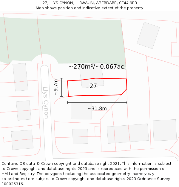 27, LLYS CYNON, HIRWAUN, ABERDARE, CF44 9PR: Plot and title map