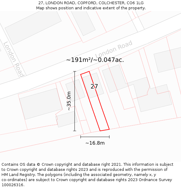 27, LONDON ROAD, COPFORD, COLCHESTER, CO6 1LG: Plot and title map